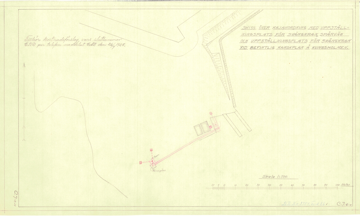 Skiss över kajanordning med uppställningsplats för svängkran, spårväg och uppställningsplats för svängkran vid befintlig kanonplan å Kungsholmen