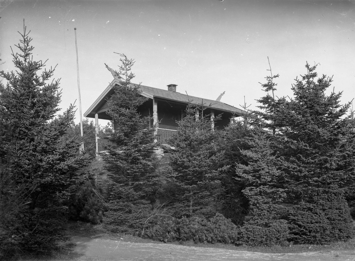Haraldsvang.  Trær rundt huset i bakgrunnen. Flaggstang.