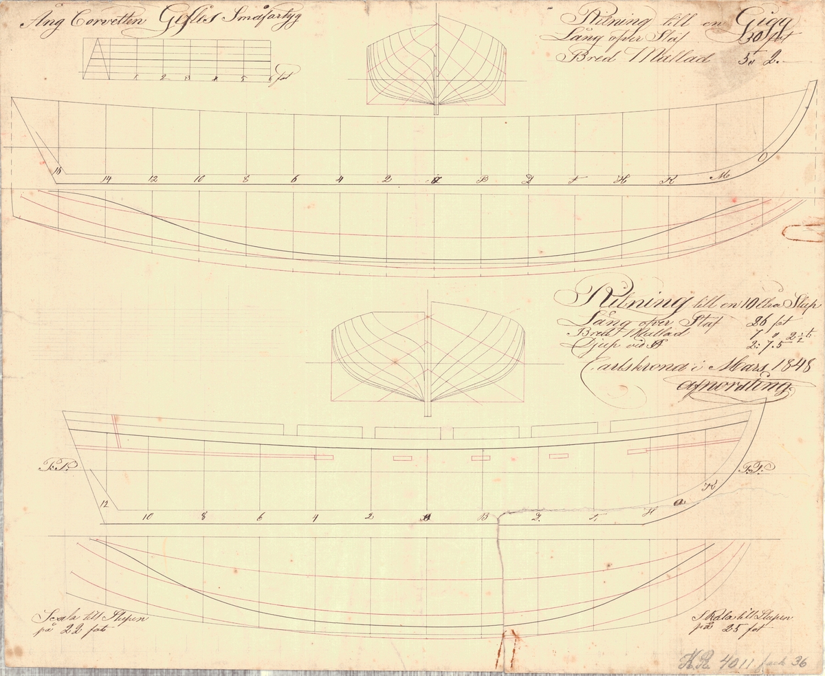 Ångkorvetten Gefles småfartyg.
Ritning till slup och till gigg