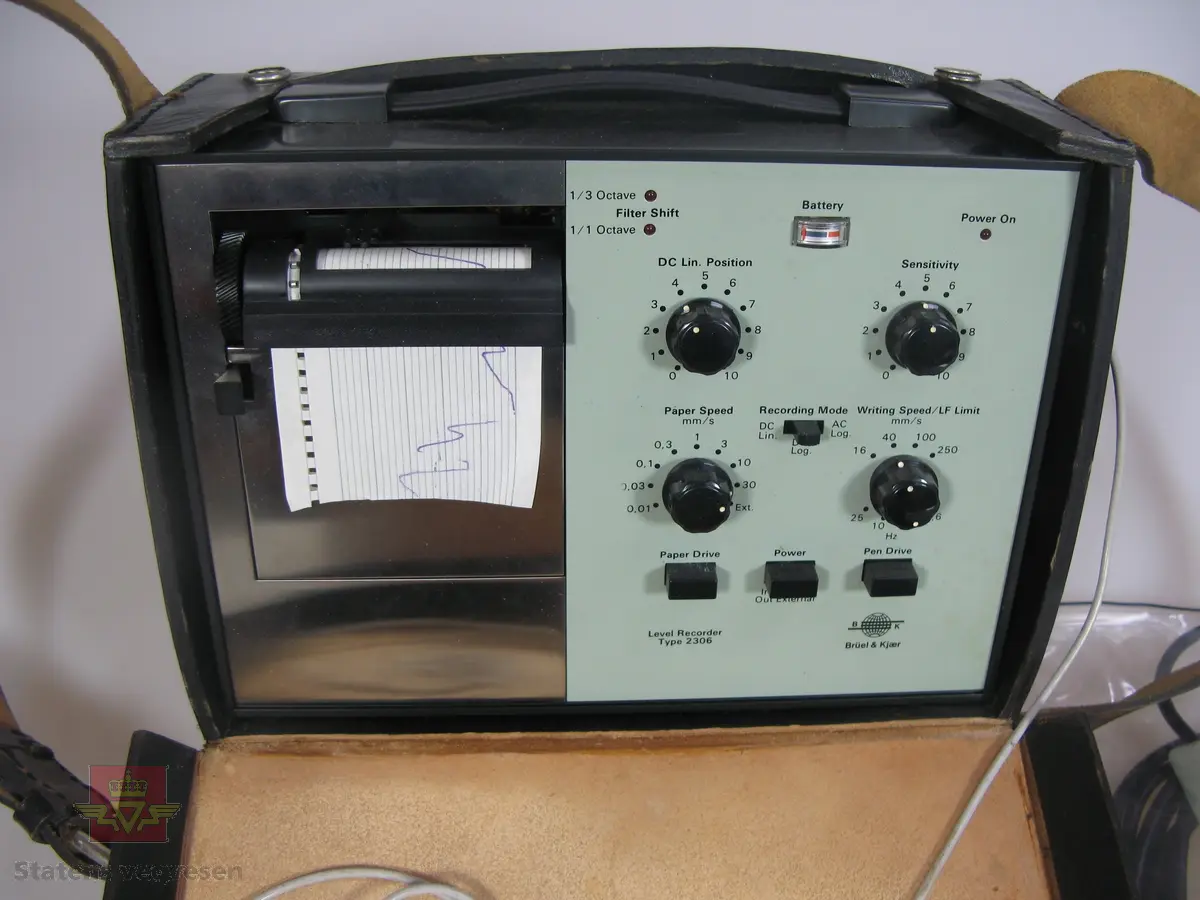 Rektangulært måleinstrument som måler støy, (desibel).
Ligger i koffert sammen med tilhørende deler. En skriver i egen veske samt stativ følger med.