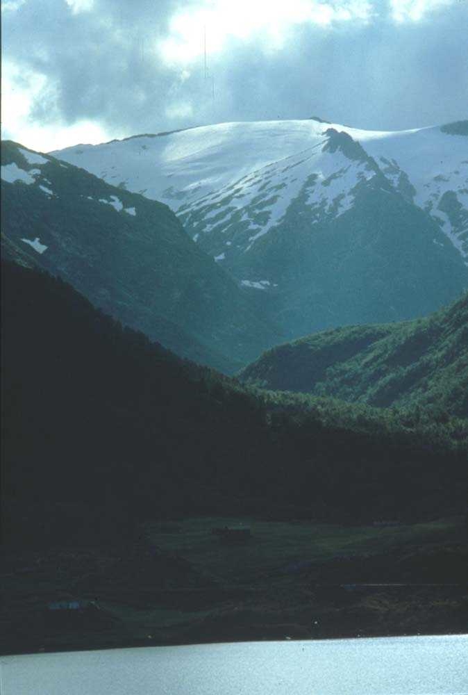 Landskap. Gårdsbruk. Fjord, fjell og isbre i det fjerne. Ett sted på Vestlandet.