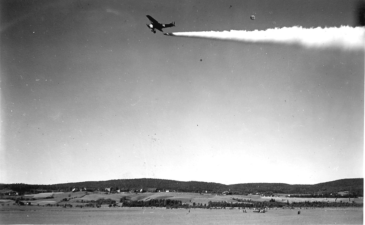 Luftfoto, ett fly i luften, røykutslipp, Fokker C.V.E Nr. 319. Sett fra bakken.  Åpen plass under, ant. lufthavn.