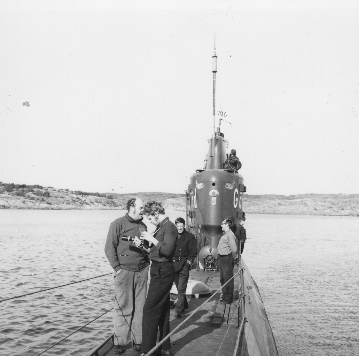 U-båten Gäddan. Längst fram till vänster Hmb Göran Teilmann, bakom honom MtjC Förv John Lindman, vid honom Tmä Hbm Uno Håkansson