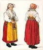 Folkdräkt, kvinna. Festdräkt för gift kvinna, Gagnef socken, Dalarna. Bildtryck efter akvarell av Emelie von Walterstorff.