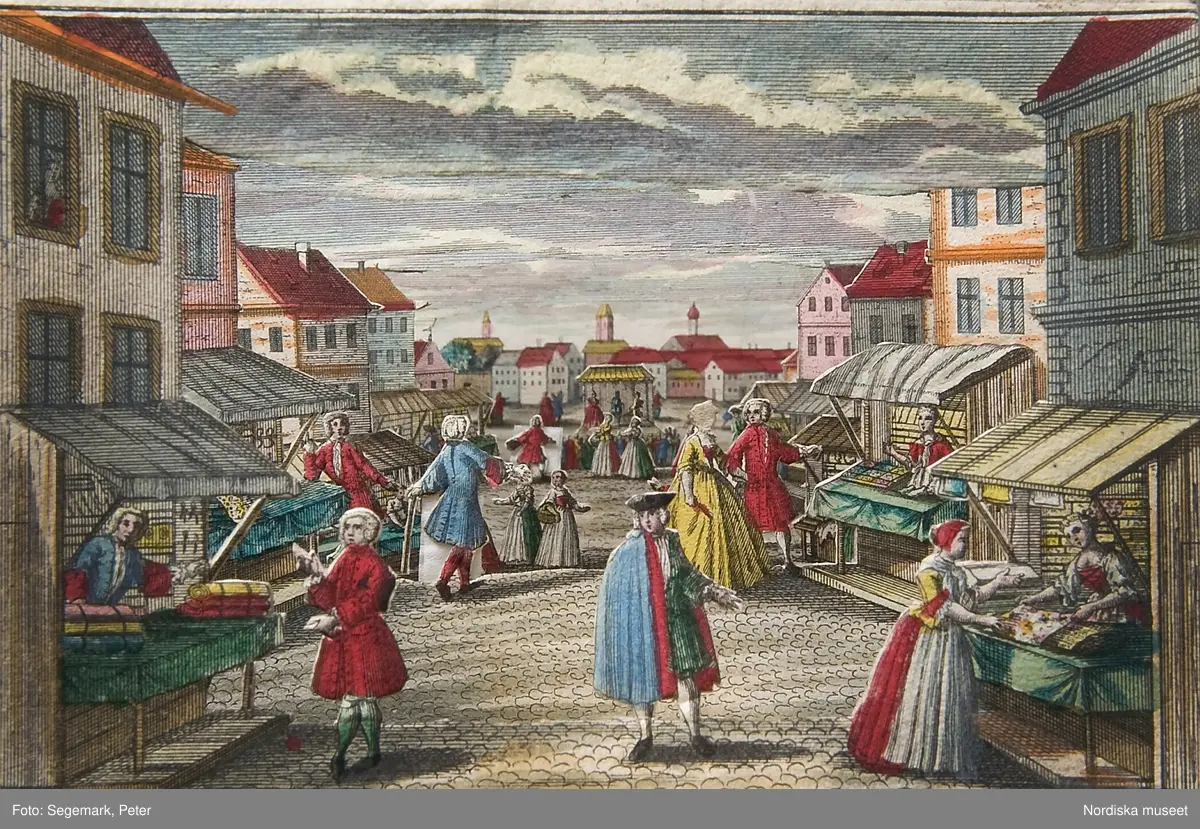 Tittskåpsbilder med motiv från ett torg, ett kaffehus, en vinkällare och en konstnärsateljé. 1700-talets andra hälft. Nordiska museet inv nr 301659.