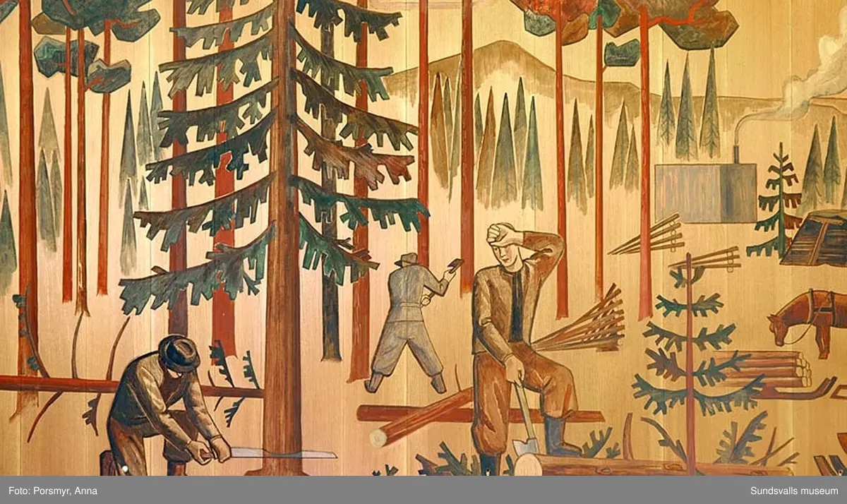 SCA Graphic Research AB (Forskningslaboratoriet). Detaljerbilder på väggutsmyckningen i matsalen. Gruppbild på personalen fotograferad utanför gamla entrén: 1. Rut-Marie Sjöqvist 2. Bengt Widberg 3. Folke Österberg 4. Maj-Britt Pettersson 5. Juahani Lehhtinen 6. Boel Nilsson 7. Charley Öman 8. Örjan Pettersson 9. Inger Nygren 10. Birgitta Lindberg 11. Eva Lindström 12. Helene Ström 13. Margit Modig 14. Birgit Rundqvist 15. Britt-Marie Säll 16. Ejvor Jonsson 17. Karin Stjernholm 18. Lena Ruda 19. Markus Berndt 20. Alla Timofitck. 21. Annika Pettersson 22. Anette Bergman 23. Margareta Tjärnberg 24. Bitgitta Grass-Backlund 25.? 26. Anders Johansson 27. Olle Söderström 28. Lena Hultgren 29. Inger Öckerstedt 30. Anna Arvidsson 31. Susanna Gunnars  32. Rickard Boman 33.Torbjörn Gerbrat 34. Maria Forslund 35. Maria Jonsson 36. Karin Åkerdal 37. Elisabeth Olsson 38. Ann-Britt Sundvall 39. Ann-Marie Runebjörk 40. Görgen Nordlander 41. Sara Kettle 42. Inger Åsell (bakom Renate Gernent) 43. Sten Larsson 44. Liviu Laias 45. ? 46. Sara Edström 47. Bo Westerlind 48. Ulla-Britt Kallberg 49. Mats Söderberg 50. Åsa Pontén 51. Stefan Damberg 52. Lennart Konradsson. 53  Annelie Neuman (54.dubbelnr:34) 54. Kent Malmgren 56. Rolf Andersson 57. Thomas Nordqvist. 58. Håkan Persson 59. Patrik Engström 60. Roger Blomberg 61. Anders From 62.Tomas Boman 63. Ullrika Andersson 64. Staffan Palovaara 65. Carl-Åke Karlsson 66. Bengt Nordström 67. Nils Hagen 68. Kjell Wilhelmsson 69. May Johansson 70. Jan Nordin 71. Barbro Hultqvist  72. Rickard Hägglund 73. Anne Persson 74. Anna Zetterqvis 75. Sören Säll.