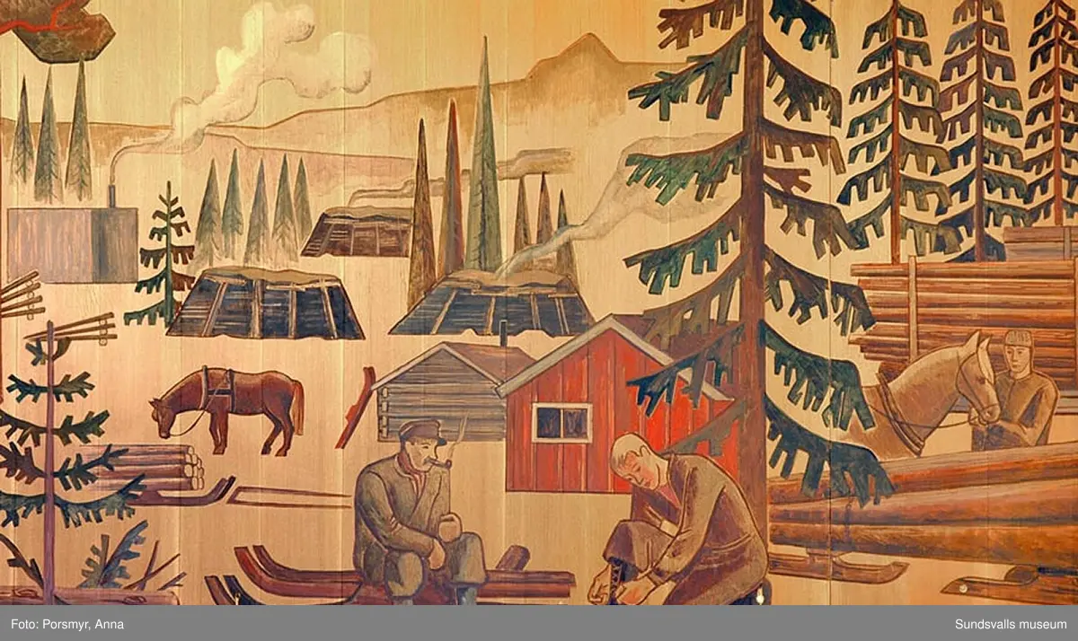 SCA Graphic Research AB (Forskningslaboratoriet). Detaljerbilder på väggutsmyckningen i matsalen. Gruppbild på personalen fotograferad utanför gamla entrén: 1. Rut-Marie Sjöqvist 2. Bengt Widberg 3. Folke Österberg 4. Maj-Britt Pettersson 5. Juahani Lehhtinen 6. Boel Nilsson 7. Charley Öman 8. Örjan Pettersson 9. Inger Nygren 10. Birgitta Lindberg 11. Eva Lindström 12. Helene Ström 13. Margit Modig 14. Birgit Rundqvist 15. Britt-Marie Säll 16. Ejvor Jonsson 17. Karin Stjernholm 18. Lena Ruda 19. Markus Berndt 20. Alla Timofitck. 21. Annika Pettersson 22. Anette Bergman 23. Margareta Tjärnberg 24. Bitgitta Grass-Backlund 25.? 26. Anders Johansson 27. Olle Söderström 28. Lena Hultgren 29. Inger Öckerstedt 30. Anna Arvidsson 31. Susanna Gunnars  32. Rickard Boman 33.Torbjörn Gerbrat 34. Maria Forslund 35. Maria Jonsson 36. Karin Åkerdal 37. Elisabeth Olsson 38. Ann-Britt Sundvall 39. Ann-Marie Runebjörk 40. Görgen Nordlander 41. Sara Kettle 42. Inger Åsell (bakom Renate Gernent) 43. Sten Larsson 44. Liviu Laias 45. ? 46. Sara Edström 47. Bo Westerlind 48. Ulla-Britt Kallberg 49. Mats Söderberg 50. Åsa Pontén 51. Stefan Damberg 52. Lennart Konradsson. 53  Annelie Neuman (54.dubbelnr:34) 54. Kent Malmgren 56. Rolf Andersson 57. Thomas Nordqvist. 58. Håkan Persson 59. Patrik Engström 60. Roger Blomberg 61. Anders From 62.Tomas Boman 63. Ullrika Andersson 64. Staffan Palovaara 65. Carl-Åke Karlsson 66. Bengt Nordström 67. Nils Hagen 68. Kjell Wilhelmsson 69. May Johansson 70. Jan Nordin 71. Barbro Hultqvist  72. Rickard Hägglund 73. Anne Persson 74. Anna Zetterqvis 75. Sören Säll.