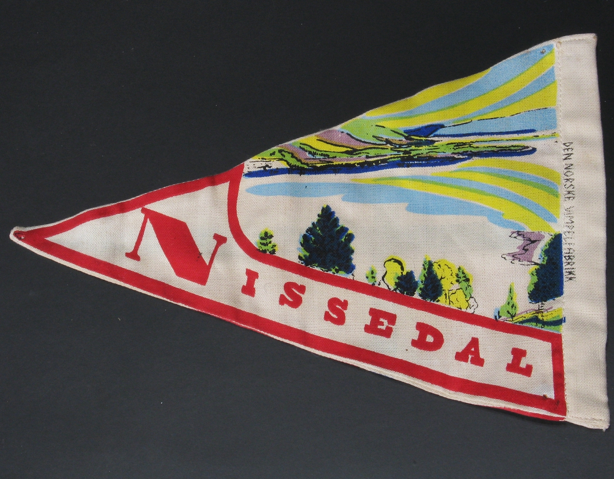 På den ene siden: det norske flagget. På den andre siden: landskap med fjell, vann, himmel, trær.