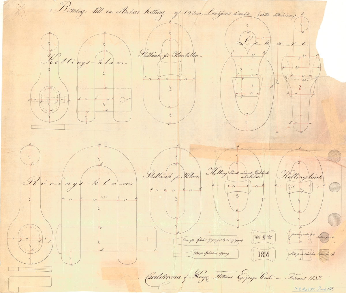 Ritning till ankarkätting av 1 1/8 tums länkjärnsdiameter. Kättingklam, lekare, slutlänt för klambulten, röringsklam. kättingslänk. kättingslänk närmast slutlänk och lekare. slutlänk för klam samt dorn för slintens in- och utjagning.