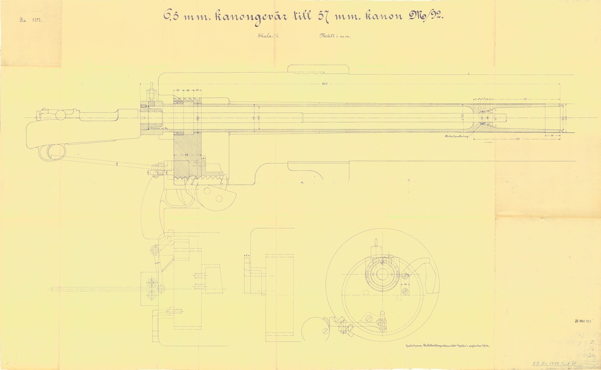 Ritning på 6,5 mm kanongevär till 57mm kanon m/92