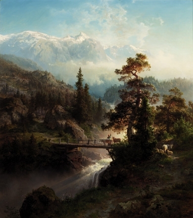Landskap med buskap og foss [Oljemaleri]