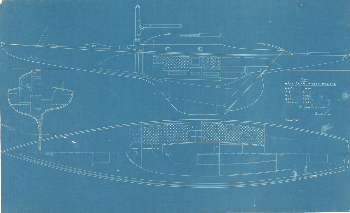 Inredningsritning. Profil, plan & midskeppssektion, skala 1:15.