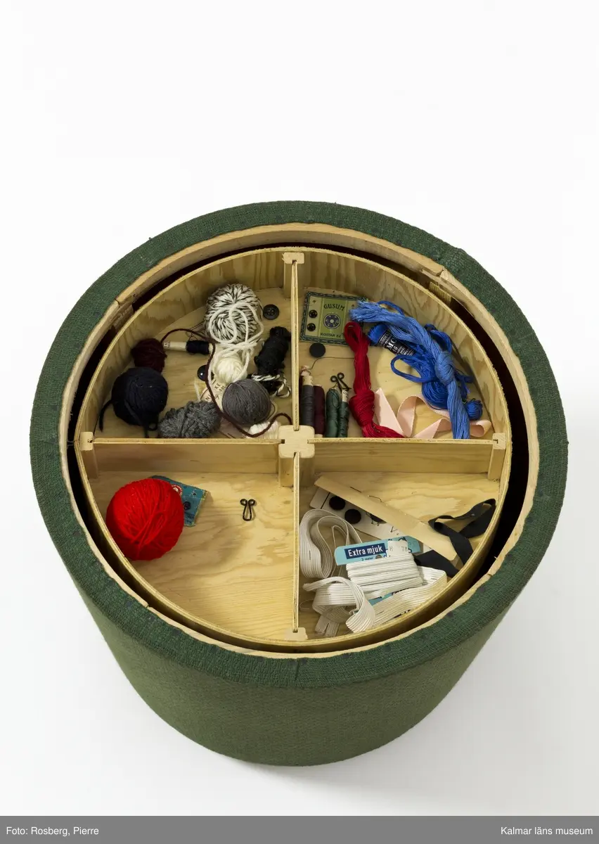 KLM 31931. Sykorg. Rund sykorg med lock. Stomme av trä, klädd i grönt bomullstyg. På locket en knapp och sex stycken virade bomullsband i ljust grön. Sykorgen har en rund insats indelad i fyra fack. Korgen innehåller garner, trådar, knappar, nålar, resårband och ett blixtlås i olika material och färger.