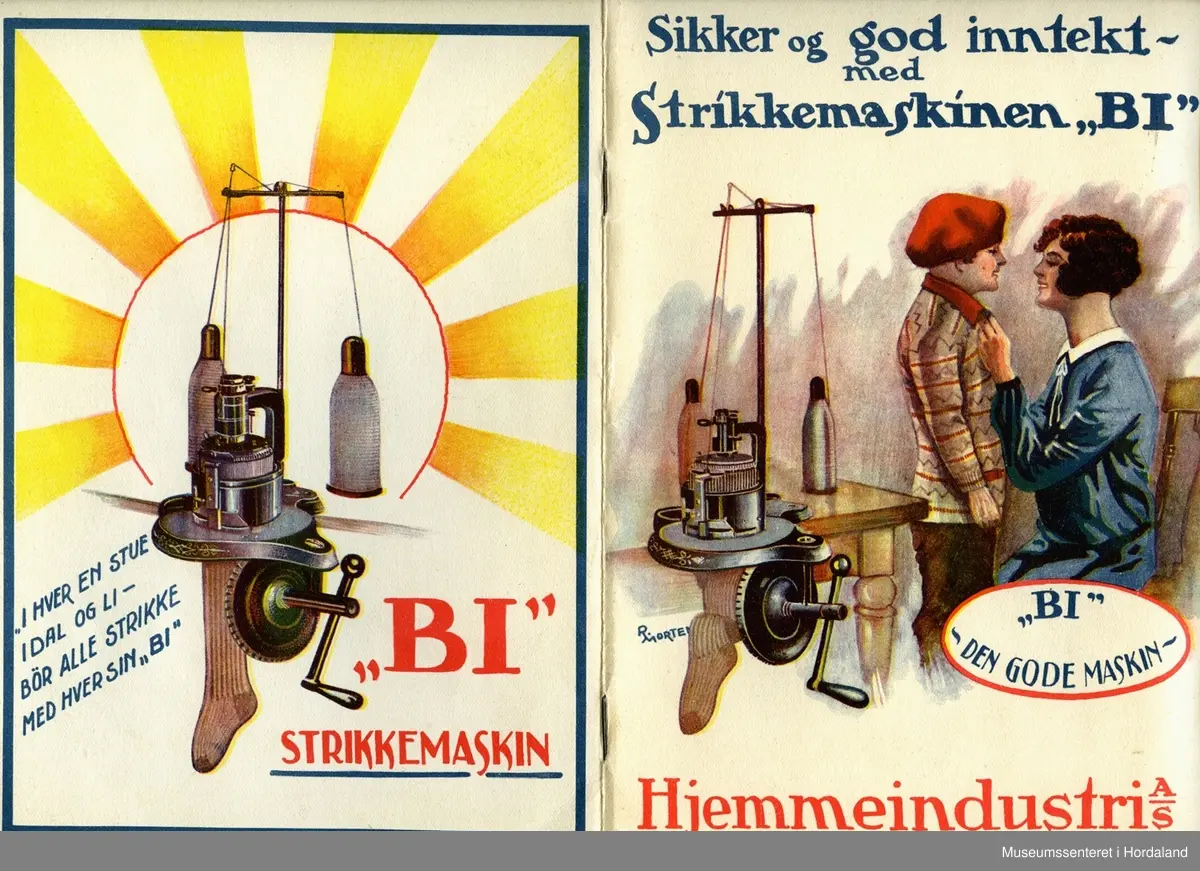 Manuell rundstrikkemaskin til heimeproduksjon i trekasse saman med diverse delar, manualar med meir. Svartlakkert med gyllen dekor, komplett med alle tilhøyrande delar (lodd, trådstativ, vrangsylinder, trekoner, eske med ekstra nåler), bruksanvisning og diverse papir.

Maskina har automatisk stoppeapparat for felling av hæl og tå, stillbar garnregulator, lyddemping og stålsylinder.