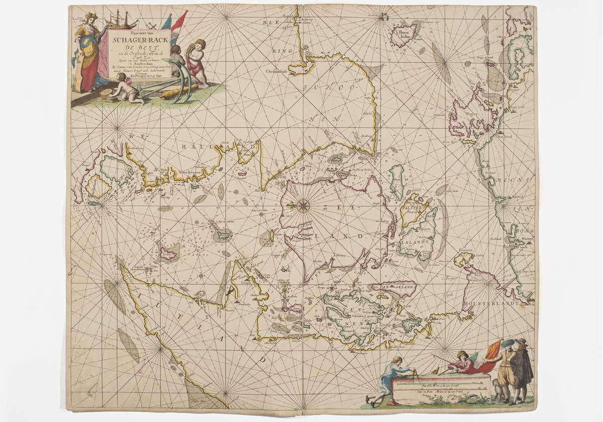 Sjökort över Skagerack. Sjökortet är orienterat med öster uppåt. Det som syns är Jylland, Själland, delar av tyska kusten med Rügen, Bornholm, Skåne, Halland och Södra Bohuslän.

I övre högra hörnet en kvinna, ett skepp, ankare och flera barn. I nedre högra hörnet man som mäter på en skala, en man med flagga, två män som samtalar, samt en hund.