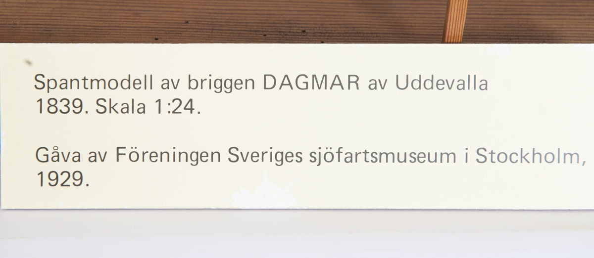 Fartygsmodell av ek, spantmodell till briggen "DAGMAR" av Uddevalla (1869). Spantbyggd utan bordläggning, stående på stapelbädd. Modellen monterad på en åttkantig platta av trä. 12 stöttor