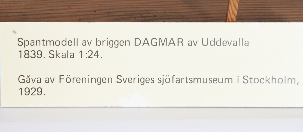 Fartygsmodell av ek, spantmodell till briggen "DAGMAR" av Uddevalla (1869). Spantbyggd utan bordläggning, stående på stapelbädd. Modellen monterad på en åttkantig platta av trä. 12 stöttor