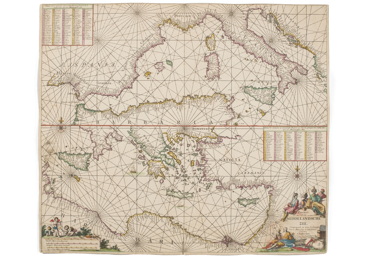 Sjökort över medelhavet. Kortet är delat i två delar så i den övre delen ser man Medelhavet från Gibraltar till Italien. I den nedre halvan syns del av Italien till Syrien.

Runt kartusch i nedre vänstra hörnet syns amoriner som pekar på sjökort. I högra, nedre hörnet fyra män iförda orientalisk klädedräkt sittande på stenpodium, nedanför dem syns två fängslade vid stenen en man och en kvinna. Bredvid dem en hacka, tunna och balar med varor.