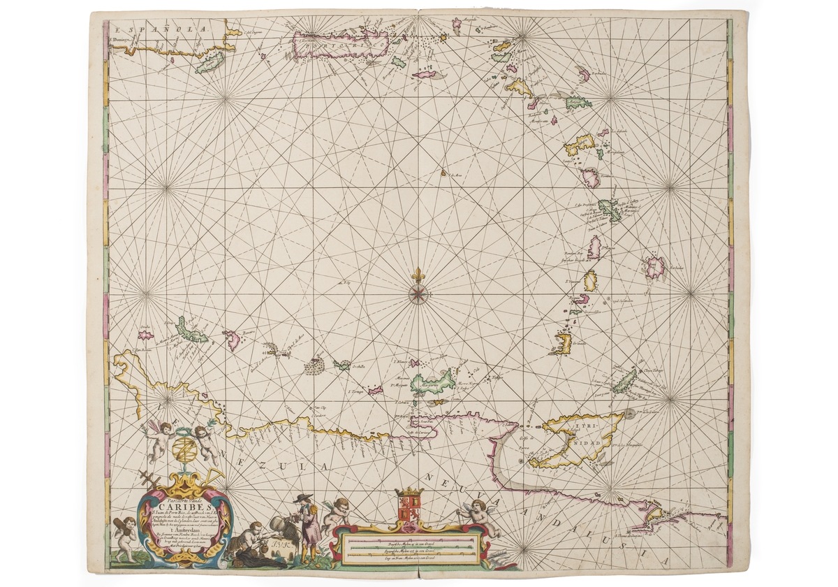 Sjökort över Karibien.
I nedre kanten Venezuela och "Neuva Andalusia". I övre kanten syns Hispaniola  och Puerto Rico.

Runt kartusch i nedre högra hörnet syns amoriner, navigationsinstrument och en handelsman med varor.