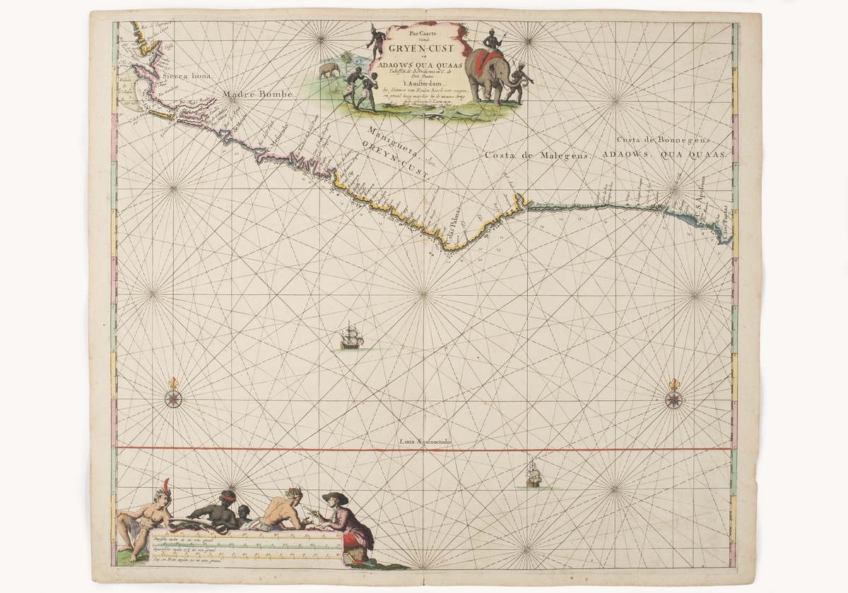 Sjökort Västafrikas sydkust som täcker dagens Sierra Leone, Liberia, Elfenbenskusten och Ghana.

Runt kartusch i övre kanten avbildas afrikaner som bär elfenbensbetar, samt en man med krona på huvudet som rider på en elefant. 
I nedre vänstra hörnet syns fler män med iförda ländkläder och fjädrar som huvudbonar, De håller elfenben medan en västerländskt klädd man visar fram något, kanske en kniv till en av männen. Kanske en bild av byteshandel.