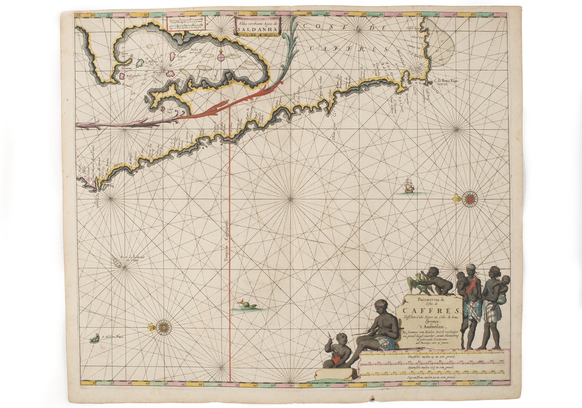 Sjökort över dagens Namibia och Sydafrika, ner till Godahoppsudden. En detaljerad karta över Saldanha finns i övre vänstra hörnet.

Runt kartusch i nedre högra hörnet syns afrikaner, kvinnor med barn. Ett barn håller i pilar, ett annat en papegoja.