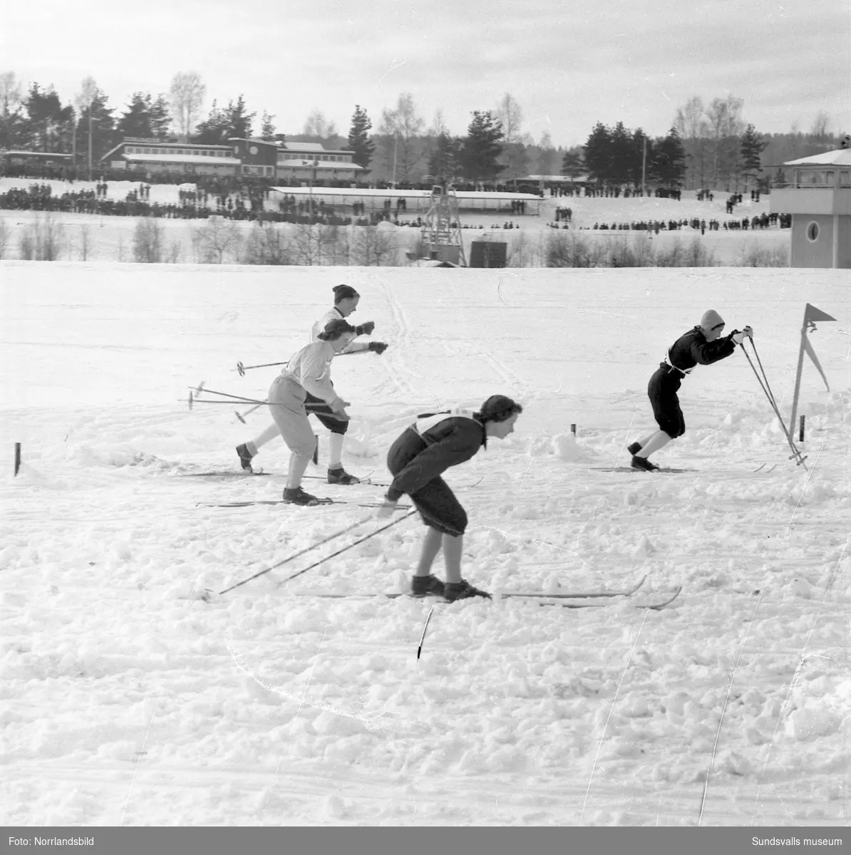 Skid-SM i Bergsåker, Sundsvall, 1955. Damstafett 3x7 km, vinnare Selångers SK (Margit Åsberg-Albrechtsson, Karin Engberg, Anna-Lisa Eriksson).