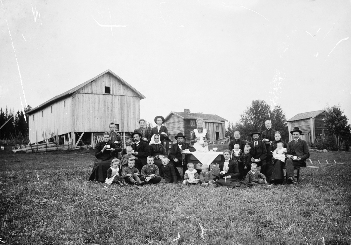 Granlien, gnr. 215, bnr. 1. Nybygda, Furnes.. Gruppe ved kaffebord, garden i bakgrunnen. Bak: Hans Kristiansen Bækkelien, Anna Andressen (Hansen), Martin Andressen, Helene Hansen, Agnete Nordhagen, budeie Tørudstad nedre. Midten Marte Bækkelien, Kristian Hansen Bækkelien, Beate Granlien, Hans Granlien, Louise Granliengen, Martin Hansen Granliengen, Oline Hansen Tørudstad, Olaus Tørudstad. Foran barna i familien.Lengst t.h.  sittende på bakken Børe Tørudstad og ved siden av ham Gusta Hansen.