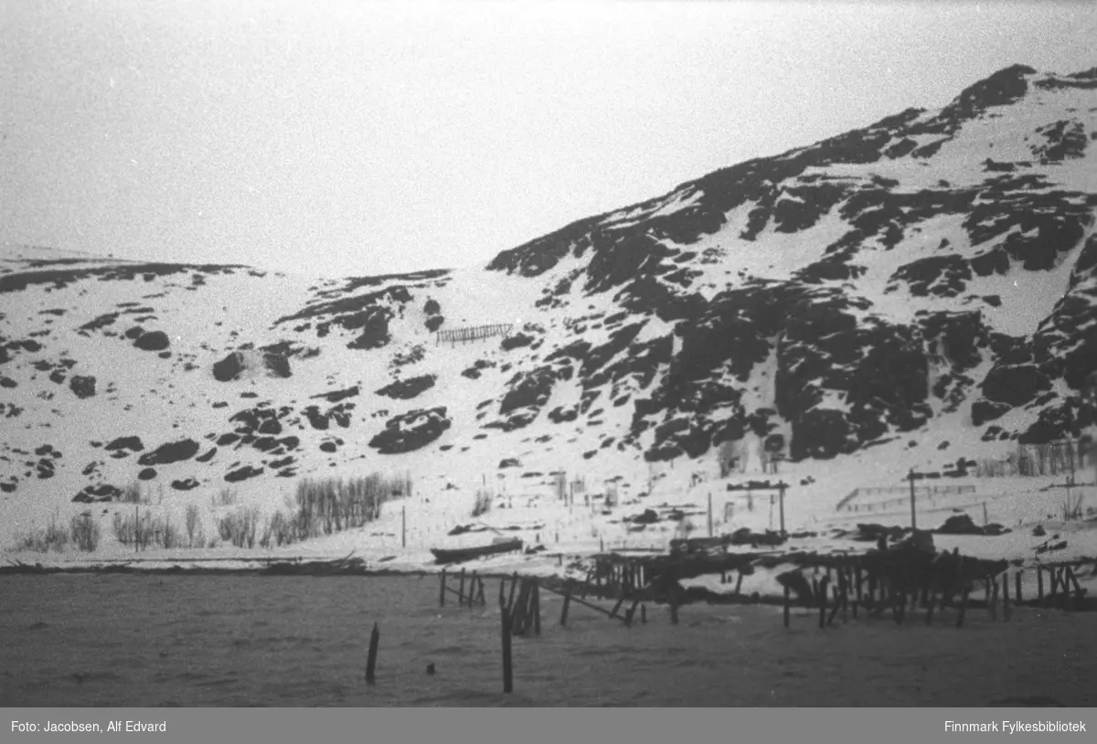 De brente restene av Hauan-kaia stikker opp av sjøen. Mollafjellet stiger oppover mot høyre på bildet. På et jorde nedenfor fjellet står noen trær og busker og noen branntomter kan også sees. Området er i dag bydelen Molla/Hamran. I strandkanten nede til venstre på bildet går Fuglenesveien. El-stolper står langs veien. I fjellsiden midt på bildet står et skredgjerde. Det er endel snø i terrenget, men også mye bare flekker. Små bølger som går inn mot land tyder på lite vind.