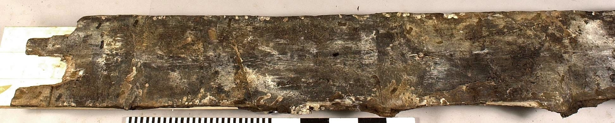 Däcksbräda.
Ena änden är skadad och partier saknas. I den andra änden börjar en genomgående spricka som löper utmed halva brädan. Skador och brott längs ena långsidan. Genomgående och ytliga sprickor.