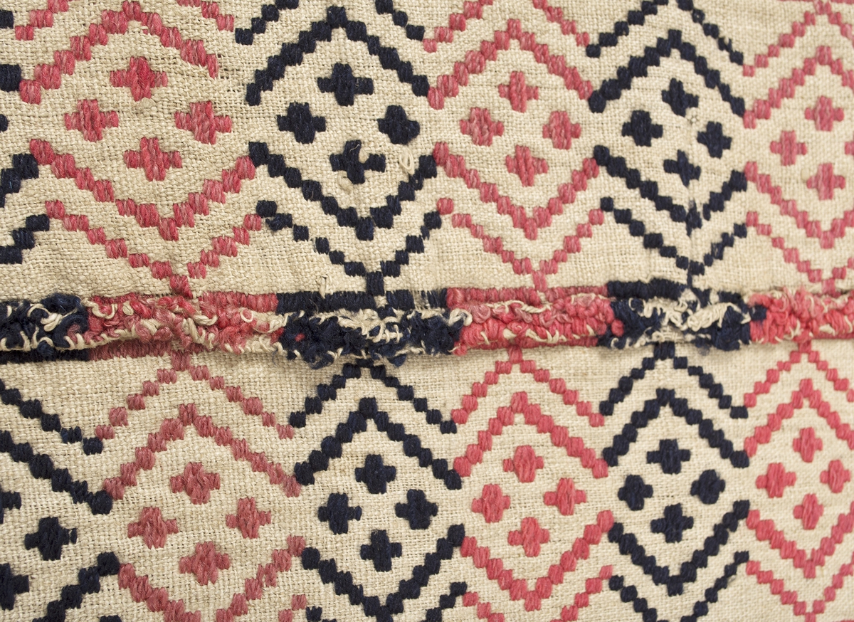 Randigt täcke vävt i opphämta. Täcket är randigt på bredden i inslagsfärgerna rosa och mörkblått, varje rand är 43 mm bred. Ränderna på längden löper som sicksack-bårder med fyra kors i grupp inom varje rombformation. Runt om löper en grön bård i samma mönster som täcket i övrigt. Mönsterinslag i ullgarn på tuskaftsbotten i oblekt lingarn. Smal fåll i kortsidorna, stadkanter i långsidorna. Täcket är ihopsytt på mitten av två delar.Varp i oblekt 1-trådigt z-spunnet lingarn, 13,5 trådar/cm.Botteninslag i oblekt 1-trådigt z-spunnet lingarn, 10,5 trådar/cm.Mönsterinslag i 2-trådigt z-tvinnat ullgarn.Märkt på baksidan med en påsydd tyglapp med texten: "N° 154 a Rönnebergs".Täcket har också varit märkt med en fastnästad brun pappersetikett (nu förvarad i reg.pärm) från Svenska Hemslöjdsföreningarnas Riksförbund, med tryckt och maskinskriven text: "Föreningens namn: Malmöhus läns Hemslöjdsförening Malmö. Föremålets art: Gammal täcke Rönneb. h:d. Föremålets storlek: 120 + 165 Teknik: opphämta Teknikens ortsbenämning: Skälblad Material: Linne & ullgarn. Försäljningspris: -  Kopia, bearbetning eller komposition: - Utfört av:  - ".