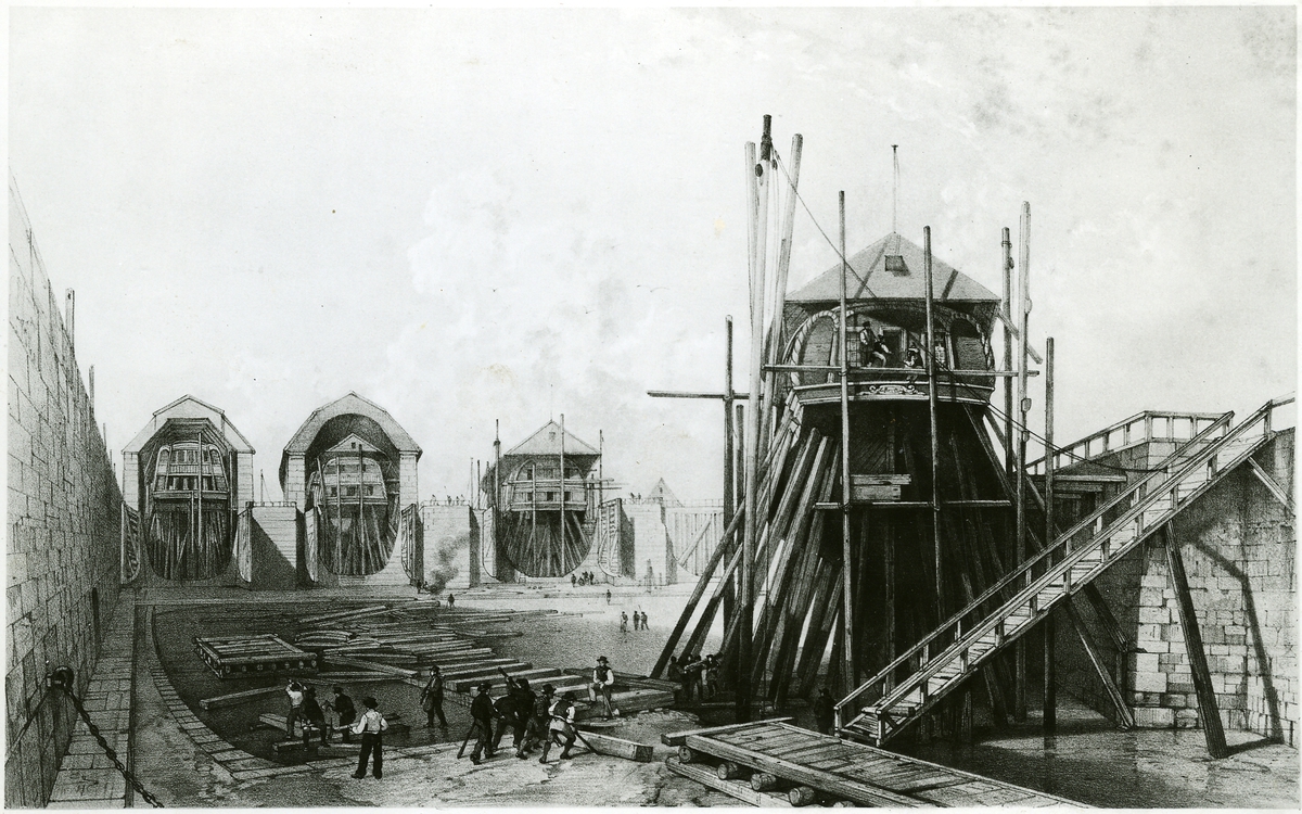 Nya dockorna på 1830-talet sedda från inre svajningsrummet.