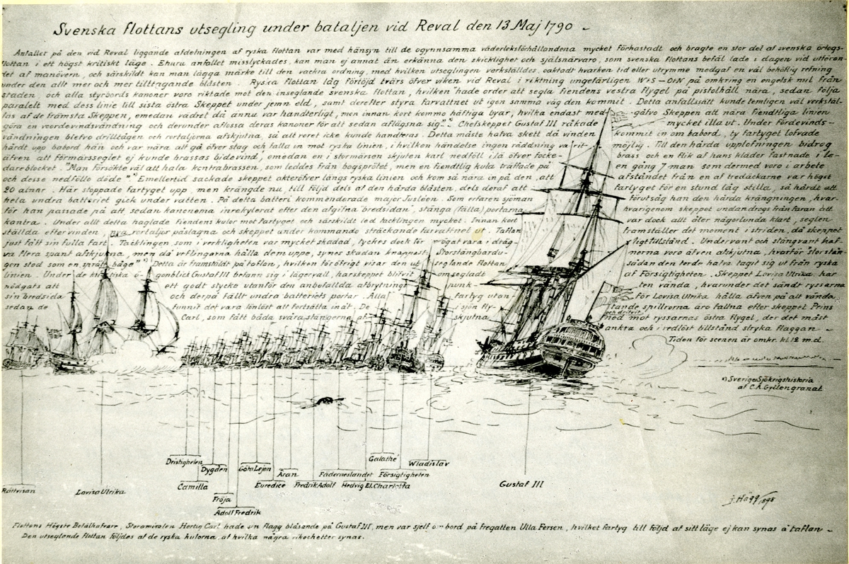 Svenska flottans utsegling under bataljen vid Reval den 13 maj 1790. Högste Befälh. Storamiralen Hertig Carl av Södermanland. Flaggkapt. Amiral (Contre Amiral) Nordenskjöld.
/mer information på fotots baksida/