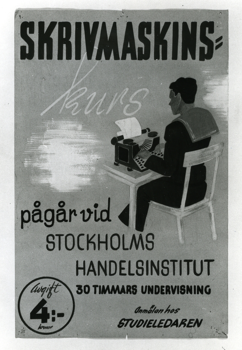 Affisch som informerar om en kommande skrivmaskinskurs på Stockholms Handelsinstitut.