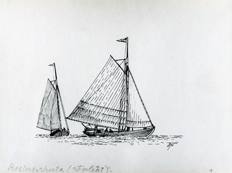 Originalteckning till Linders sjömansskap, utförd av amiral J. Hägg "Roslagsskuta (storbåt)".