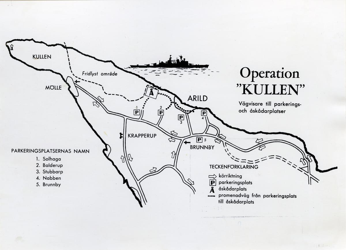 Operation "Kullen" 24.7.1955.
Vägvisare till parkerings- och åskådarplatser, (karta).