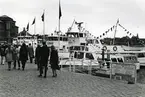 Hamnbild från Strömkajen i Sthlm. Foto 4.6 1969.  Fartyg från v. m/s Tynningö, m/s Ramsö, m/s Havsörnen, m/s Sunnan, m/s Rödlöga, m/s Rånö.