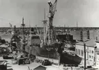 Oskarshamn. Lastångfartyget VIRGO av Stockholm vid varvet i maj - juni 1959.