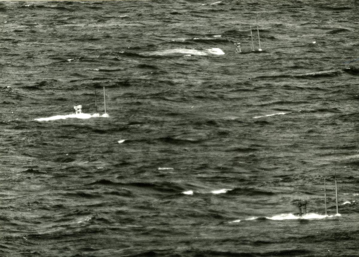 Tre svenska ubåtar under snorkelgång.
Operation Kullen.