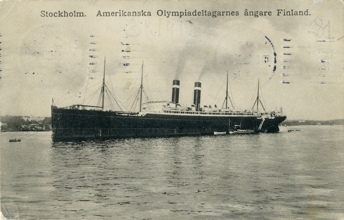 Vykort från 1912 visande passagerarångartyg FINLAND i Stockholm.
Amerikanska Olympiakeltagarnes ångare.