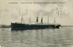 Vykort från 1912 visande passagerarångartyg FINLAND i Stockholm.
Amerikanska Olympiakeltagarnes ångare.