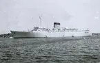 Foto från 1959 visande turist-& passagerarturbinångfartyg CARONIA av Liverpool för ankar på Stockholms ström.