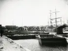 Foto av hamnen vid Husums sågverk (Västern. län) 1900. Skutor och virkesupplag i hamnen.