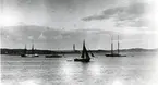 På redden en brigg, en ånglustyacht, en skonarriggad yacht och en kostrerbåt.
Foto omkring 1890.