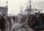 Ett av Sveabolagets ångfartyg lastar (lossar) vid Skeppsbron omkring sekelskiftet (1900).