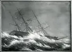 Fartygstavla hos fru Ruth Pålsson. Bark W:M Volckens, Capt. Nilsson under en orkan i latitud N 40 longitud W 54,30, den 2 september 1887. Oljemålning på duk signerad P. Viekl 1887.  Skåne, Malmöhus län, Viken.