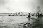 Foto visande hamnen i Göteborg med Götaälvsbron sedd från Lilla Bommen.