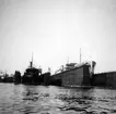 Flytdockor vid Eriksbergs varv, Göteborg 1940. Tv s/s Yrsa, th m/s Procyon av Trelleborg. Fil lic Gunnar Jonssons undersökningsresa till Västkusten juni 1940.