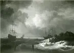 Storm vid holländska kusten.
Oljemålning 1856.
Storlek 154 x 108 cm.
Kopia efter Jacob van Riusdaels original i Louvre under namnet: Une tempéte sur le bord des digues de la Hollande.
Konstnärens receptionsstycke i svenska Konstakademien, avlämnat 1858.