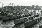 Kustflottans u-båtar på Stockholms ström efter krigsslutet 6 juni 1945.