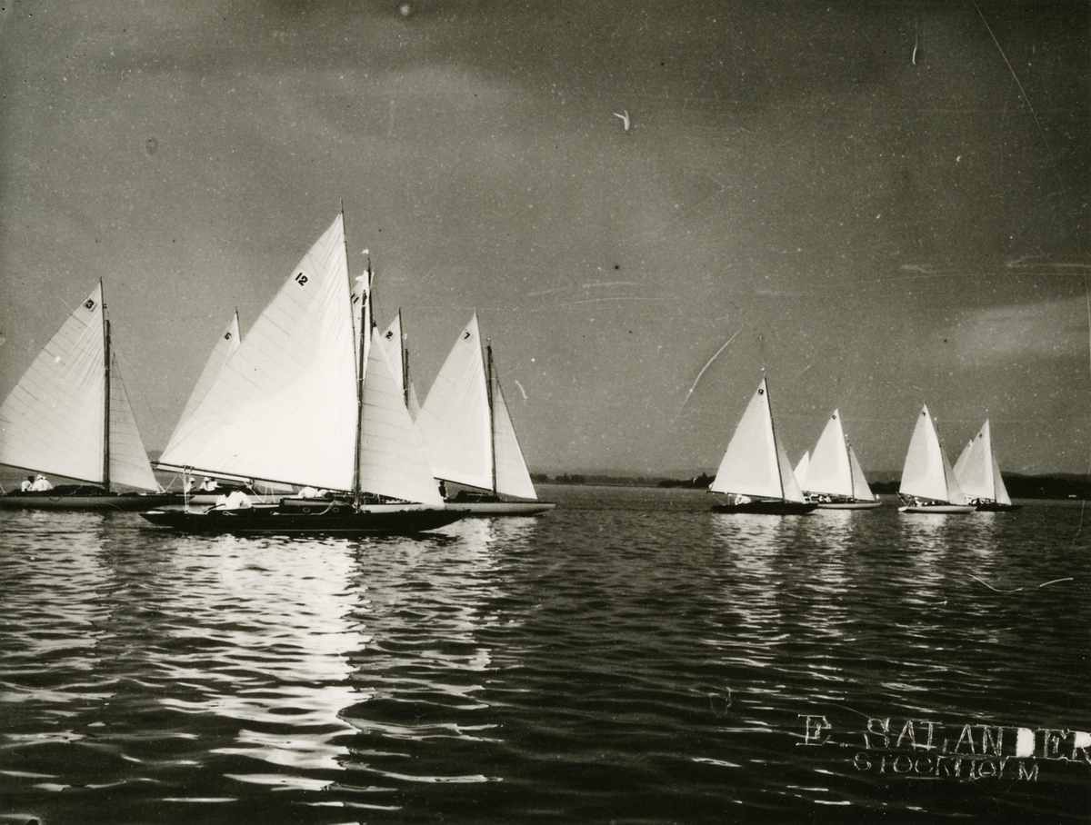 Kappsegling om Svenska Seglarförbundets vandingspris för 30 kvm skärgårdskryssare 1914. Pampusfjärden utanför Norrköping. Andra dagens start.